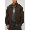 Regular Fit Washed Suede Collared Bomber Jacket, Brown