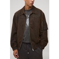 Regular Fit Washed Suede Collared Bomber Jacket, Brown