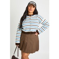 Plus Stripe Crew Neck Cardigan, Azul