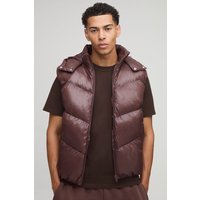 Regular Fit Sheen Panelled Hooded Funnel Puffer Gilet, Brown