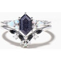 Hexagon Cut Blue Sandstone Wedding Ring White Opal Black Spinel Bridal Set