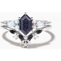 Hexagon Cut Blue Sandstone Wedding Ring White Opal Black Spinel Bridal Set