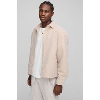 Oversized Brushed Embroidered Overshirt, Beige