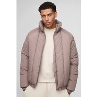 Oversized Vertical Panelled Hooded Puffer Jacket, Beige