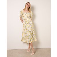 Ditsy Floral Poplin Milkmaid Midi Dress - L / LEMON
