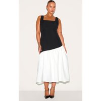 Plus Monochrome Contrast Pleated Hem Square Neck Midaxi Dress
