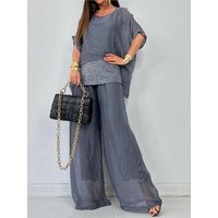 Women's Chiffon Summer Set Short-sleeved Round Neck Fashionable Sequin Splicing Trousers Casual Loose Sets For Women 2 Pieces