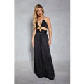 Womens Textured Satin Strappy Cut Out Jumpsuit - black - 14, Black