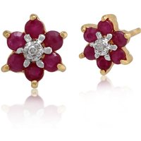 Floral Round Ruby & Diamond Cluster Stud Earrings in 9ct Yellow Gold