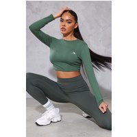 PRETTYLITTLETHING Khaki Sport Long Sleeve Sports Crop Top