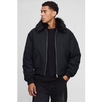 Regular Fit Faux Fur Collar Nylon Bomber Jacket, Negro