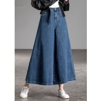 Bohemian Blue High Waist Pockets Wide Leg Fall Denim Pants