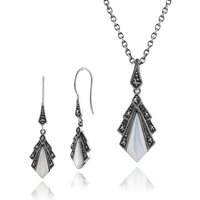 Art Deco Style Style Mother of Pearl & Round Marcasite Fan Drop Earrings & Pendant Set in 925 Sterling Silver