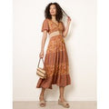 Mix Print Beaded Wrap Dress - S / BROWN PATTERN