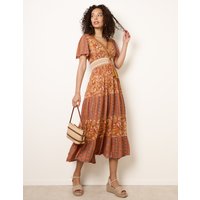 Mix Print Beaded Wrap Dress - S / BROWN PATTERN