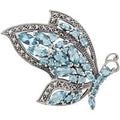 Art Nouveau Style Marquise Blue Topaz & Marcasite Flying Butterfly Brooch in 925 Sterling Silver