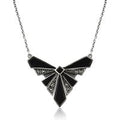 Art Deco Style Black Onyx Cabochon & Marcasite Necklace in 925 Sterling Silver