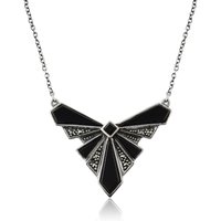 Art Deco Style Black Onyx Cabochon & Marcasite Necklace in 925 Sterling Silver