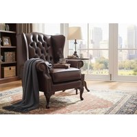Chesterfield Mallory Flat Wing Queen Anne High Back Wing Chair Antique Brown Real Leather