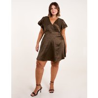 Curve Leopard Jacquard Frill Sleeve Mini Dress - 22/24 / KHAKI