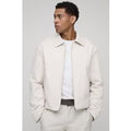 Boxy Woven Pu Collar Nylon Harrington Jacket, Cream