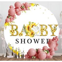 Sunflower Elephant White Round Baby Shower Backdrop - Aperturee