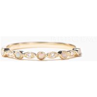 Round Cut Opal Diamond Wedding Ring Half Eternity Yellow Gold Matching Band