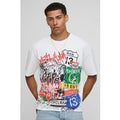 White Oversized Boxy Raw Hem Graffiti Print T-Shirt, Blanco