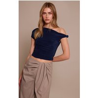 Navy Double Layer Slinky Asymmetric Knot Detail Long Top