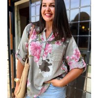 Mocha Floral Sequin Pocket Roll Sleeve Top