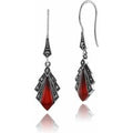 Art Deco Style Diamond Carnelian & Marcasite Drop Earrings In Sterling Silver