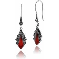 Art Deco Style Diamond Carnelian & Marcasite Drop Earrings In Sterling Silver