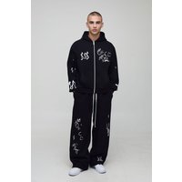 Oversized Boxy Graffiti Zip Through Hoodie And Wide Leg Jogger Tracksuit, Negro
