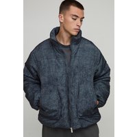 Oversized Boxy Fit Washed Nylon Padded Funnel Neck Puffer Jacket, Negro