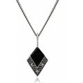 Art Deco Style Cabochon Black Onyx & Marcasite Pendant in 925 Sterling Silver