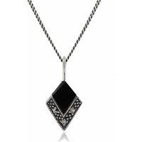 Art Deco Style Cabochon Black Onyx & Marcasite Pendant in 925 Sterling Silver