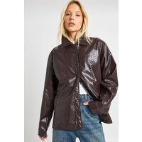 Textured Faux Leather Shacket, Brown