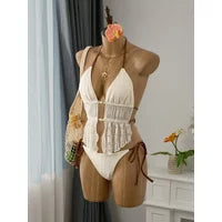 Cream Lace Halter Neck Tankini Set With Beaded Detail And Tie Side Bottoms
