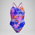 Maillot de bain Fille Club Training dos en V et imprimé bleu/rose