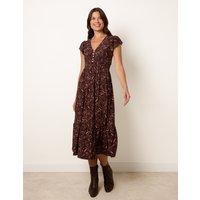 V Neck Midi Dress With Shirred Waist Button Front - M/L / CHOCOLATE