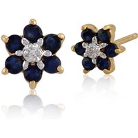 Floral Round Sapphire & Diamond Cluster Stud Earrings in 9ct Yellow Gold