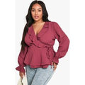 Blusa Plus Texturizada Cruzada Con Volante Y Atadura, Pink