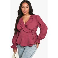 Blusa Plus Texturizada Cruzada Con Volante Y Atadura, Pink