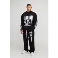 Oversized Moto Graphic Sweatshirt Baggy Tracksuit, Negro