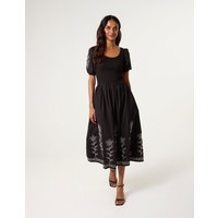 Embroidered Puff Sleeve Midi Dress - S / BLACK
