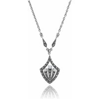 Art Deco Style Round Opal Cabochon & Marcasite Necklace in Silver