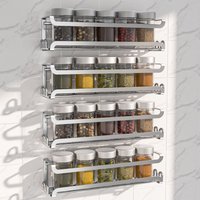 4 Pack Wall-Mounted Spice Rack with 16 Hooks, Kitchen and RV Organizer, Silver