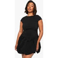 Vestido Plus Mini De Bengalina Con Mangas Casquillo Y Forma De Globo, Negro