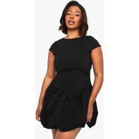Vestido Plus Mini De Bengalina Con Mangas Casquillo Y Forma De Globo, Negro