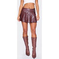 Burgundy Faux Leather Belt Pleated Mini Skirt
